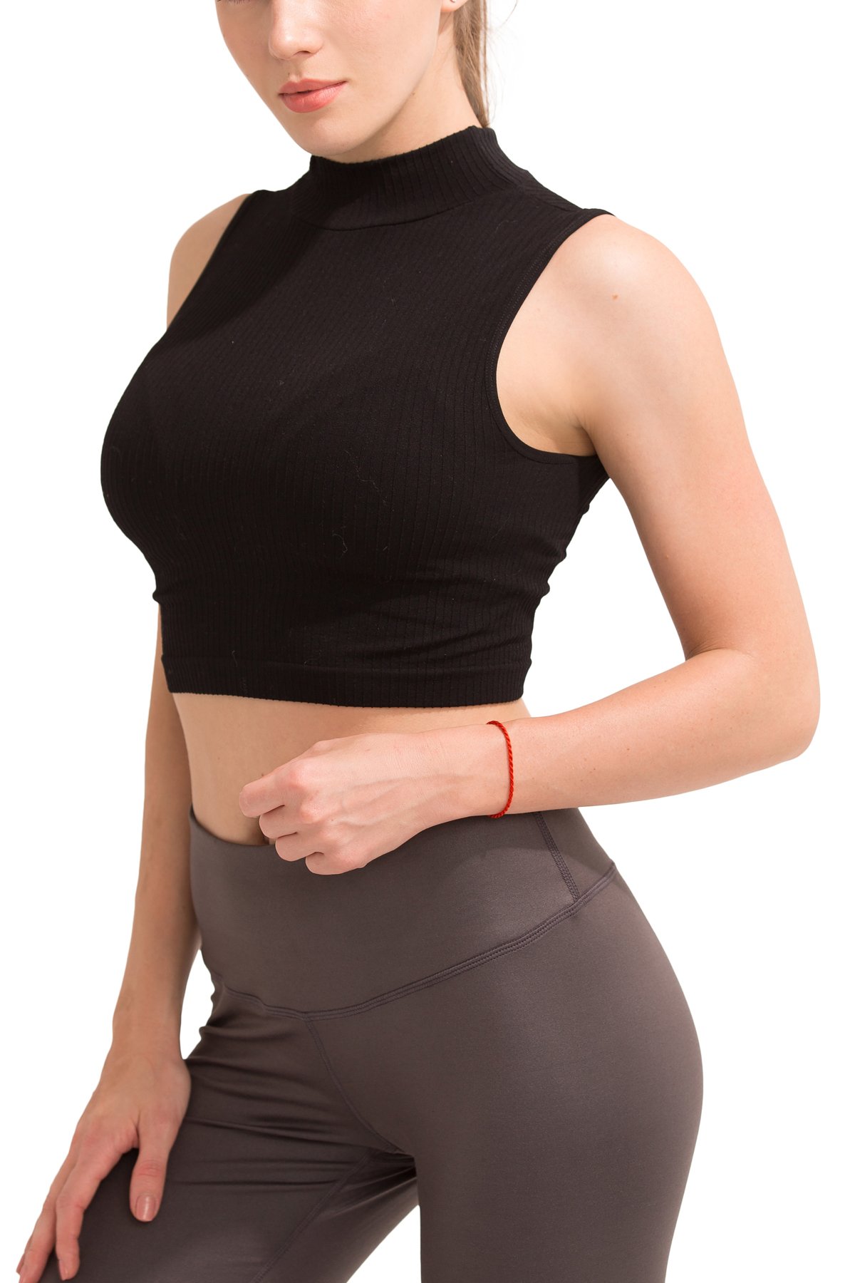 SPECIAL MAGIC Women\'s Seamless Rib Knit Mock Turtleneck Sleeveless Crop Top Black One Size