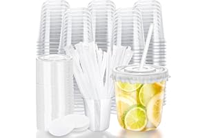 12oz Disposable Stemless Glasses with Flat Lids and Straws,PET Disposable Drinking Cups,Clear Plastic Wine Glasses for Partie