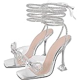 sexytag Clear Heels Diamante Bow Heels Lace Up Strap Rhinestone Sparkly Stiletto Heel Sandals