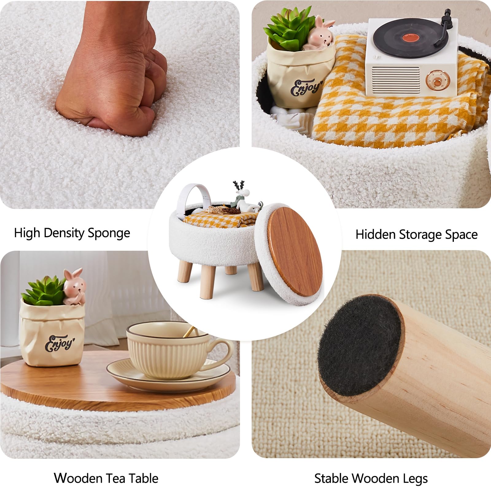 Wimarsbon Storage Ottoman, Modern Round Footrest with Soft Padded Seat, Teddy Velvet Footstool with Wood Legs, Accent Small Table or Plant Stand for Hallway, Living Room (Cream) - Image 4