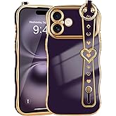 LLZ.COQUE for iPhone 16 Case for Women Girls, Wave Frame with Strap Cute Love-Heart Luxury Plating Curly Shape Cover Raised Camera Protection Shockproof Silicone Phone Case for iPhone 16, Dark Purple