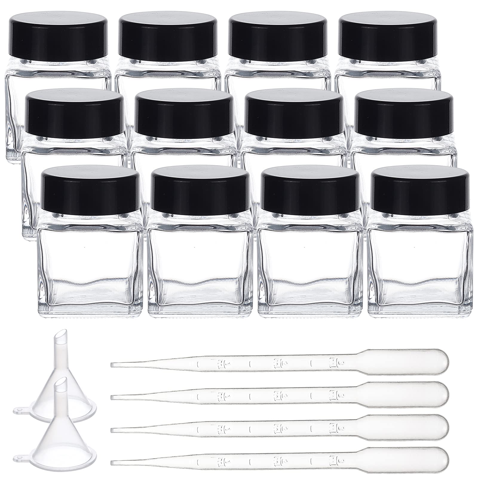 FINGERINSPIRE 12 Pack 30ml Clear Empty Ink Bottles Glass Fountain Pen Ink Bottle with ABS Plastic Bottle Caps, 4pcs Mini Transparent Plastic Funnel, 6pcs 2ml Disposable Plastic Teardrop