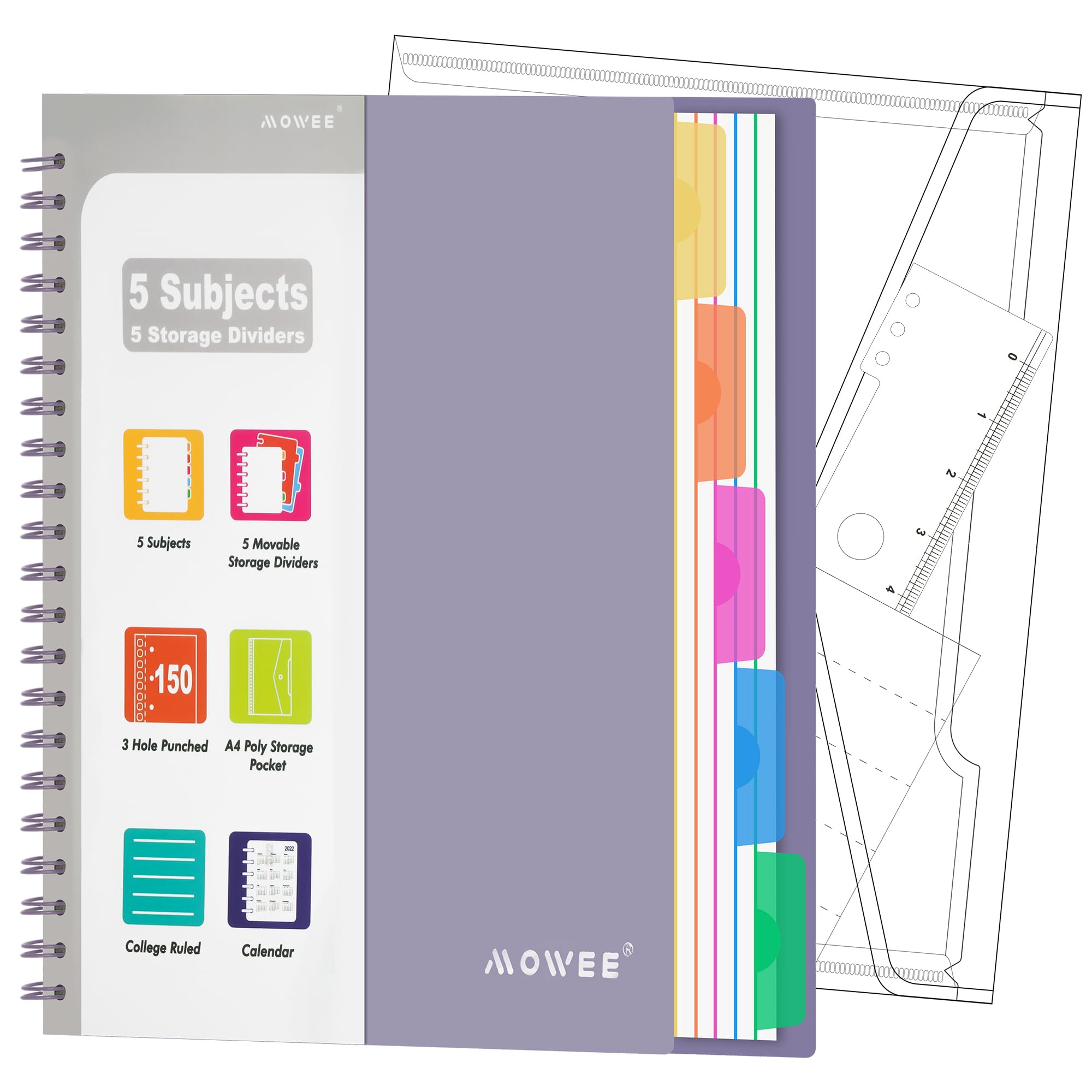 Photo 1 of MOWEE 5 Subject Notebook - Spiral Notebook, College Ruled Notebook With Dividers Pocket, Tabs, 11" Ruler, 300 Pages, for Writing Journal, Home & Office, School Supplies, 8.5x11'' Purple150Sheets
