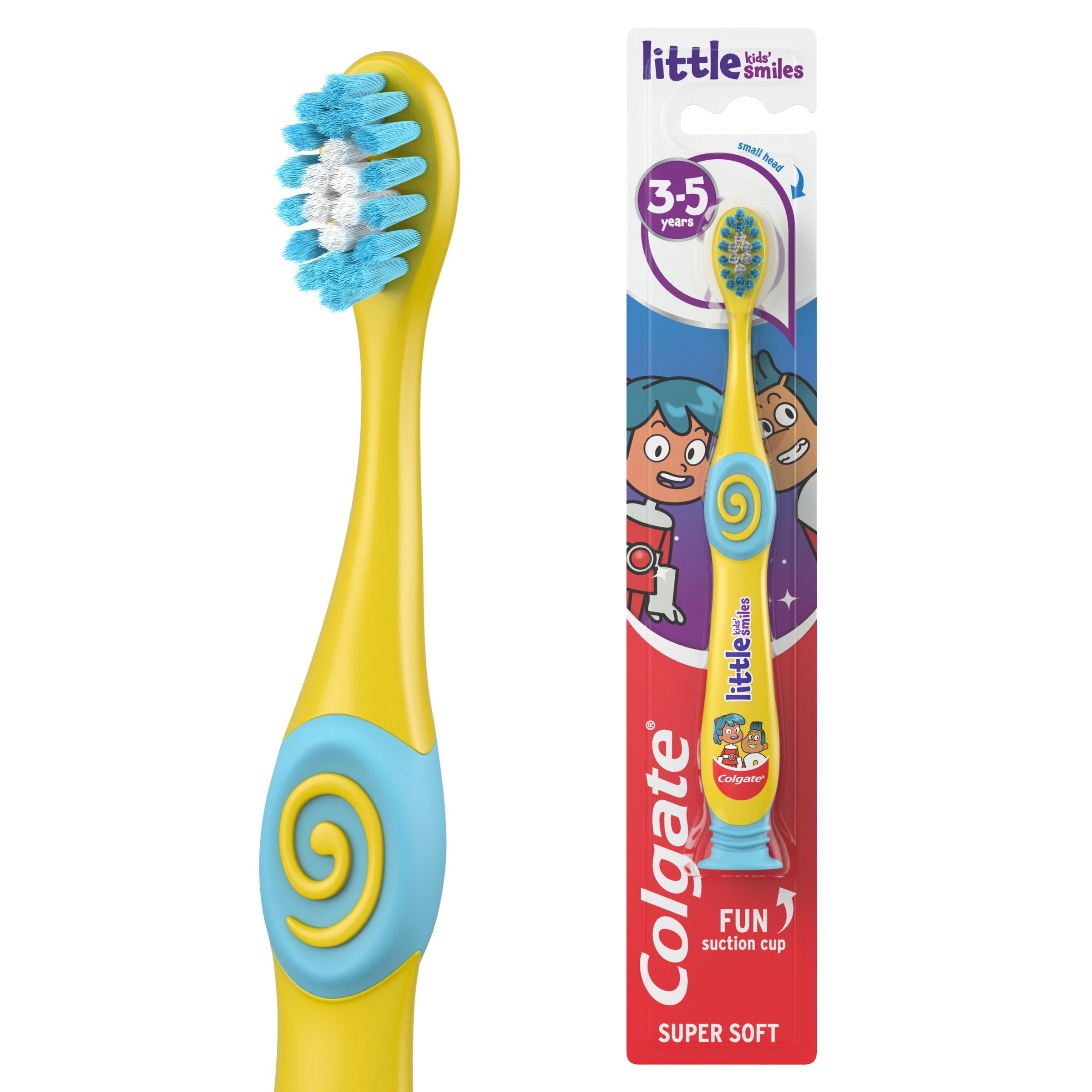 Colgate Kids Toothbrush 3-5 Years - Super Soft bristles - Gently and Effectively Clean Teeth - Small Brush Head for Easy Access - White bristles Toothpaste Guide - Comfortable Handle with Thumb Grips