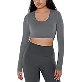 ENERBLOOM Long Sleeve Crop Tops for Women Workout Tee Built in Bra Cream Feeling Athletic Mild Support U Neck Cropped Shirts
