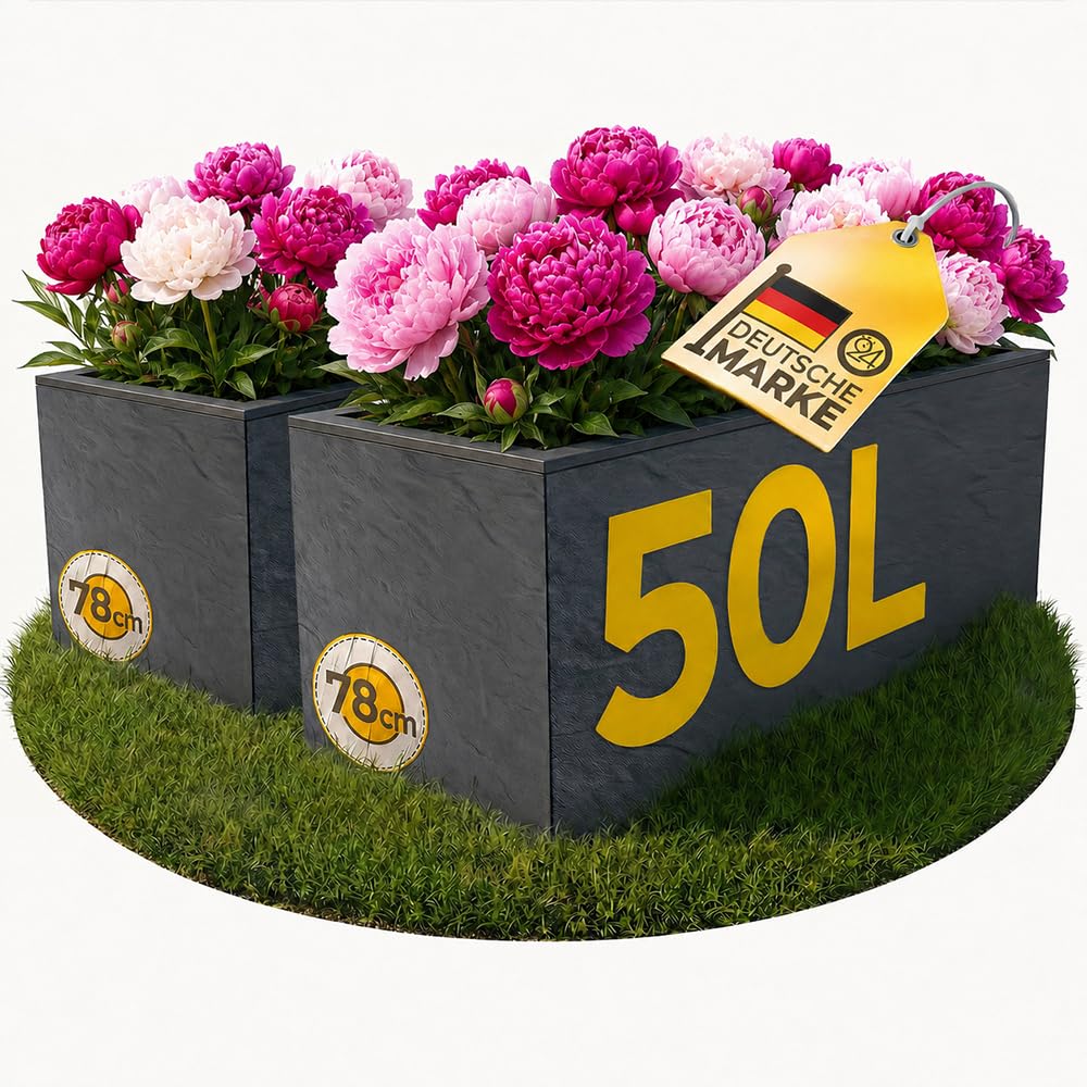 Ondis24 2X Pflanzkübel Vulkano, je 50L Pflanzvolumen, rechteckig, Blumenkasten mit Wasserspeicher, Balkon Terrasse, Blumenkübel, Doppelpack (Anthrazit)