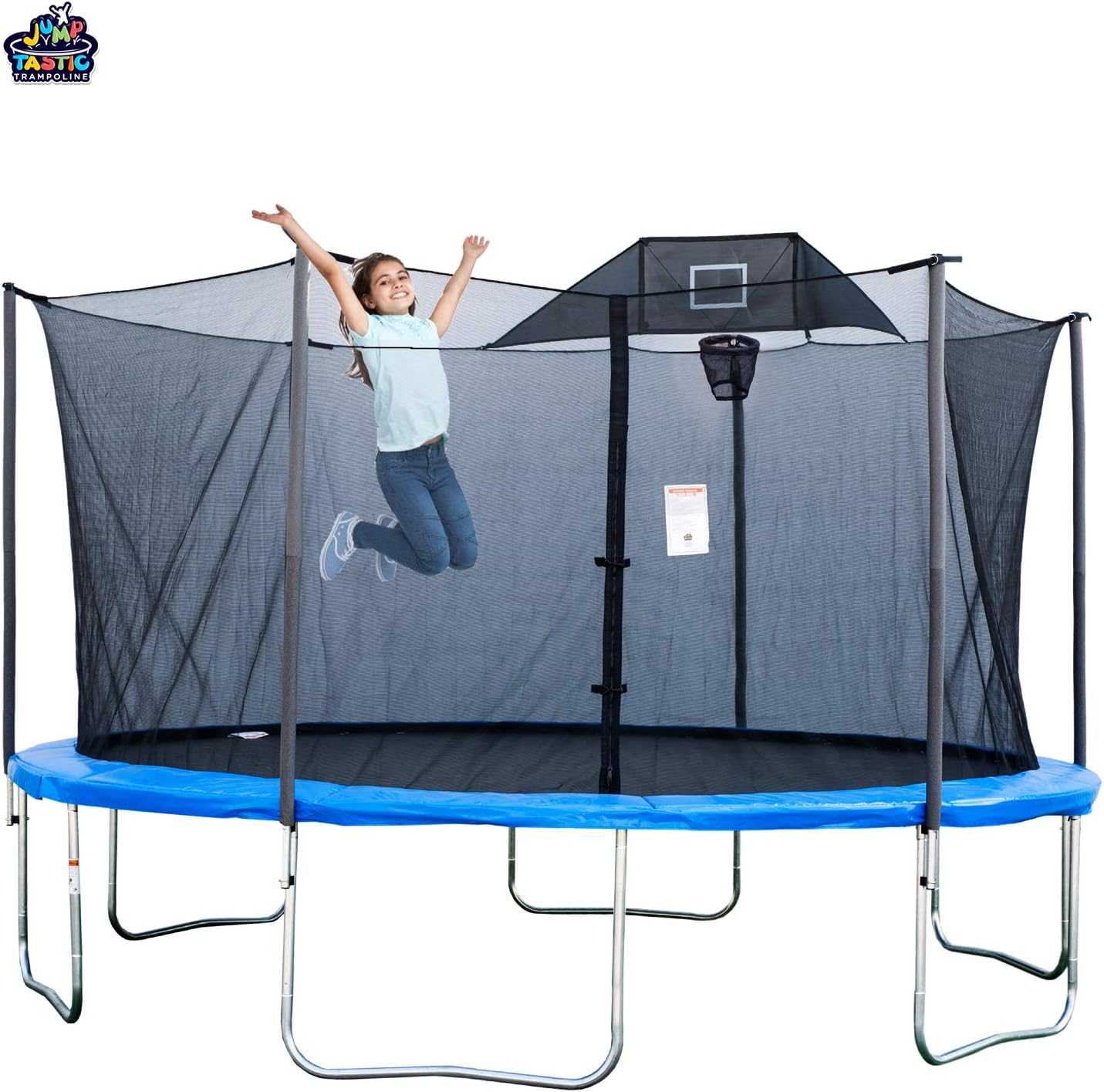 Jumptastic 14 Ft Round Trampoline with Safety Enclosure Basketball Set and Anchor Kits/84 Springs/Ships from New Jersey and CA/Packed in Three Boxes which Shipped Separately.
