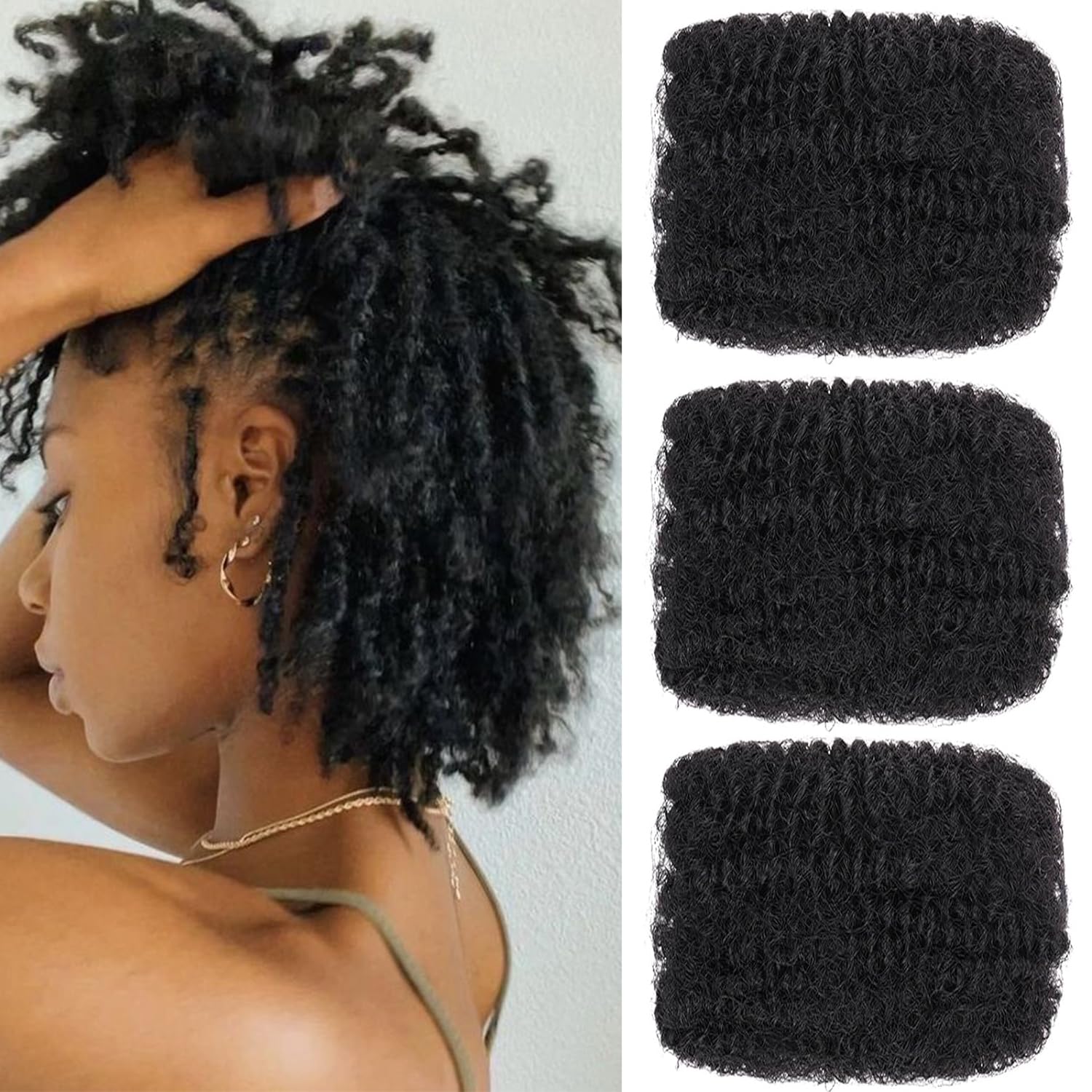 Mscat 8 Inch 3 Bundles Afro Kinky Curly Braiding Bulk Women Hair For Spring Twist Hair Natural Black Afro Kinkys Bulk Hair Synthetic For Dreadlocks Extensions Repair Locs Springy Twists 30g/pack(1B#) — image 1