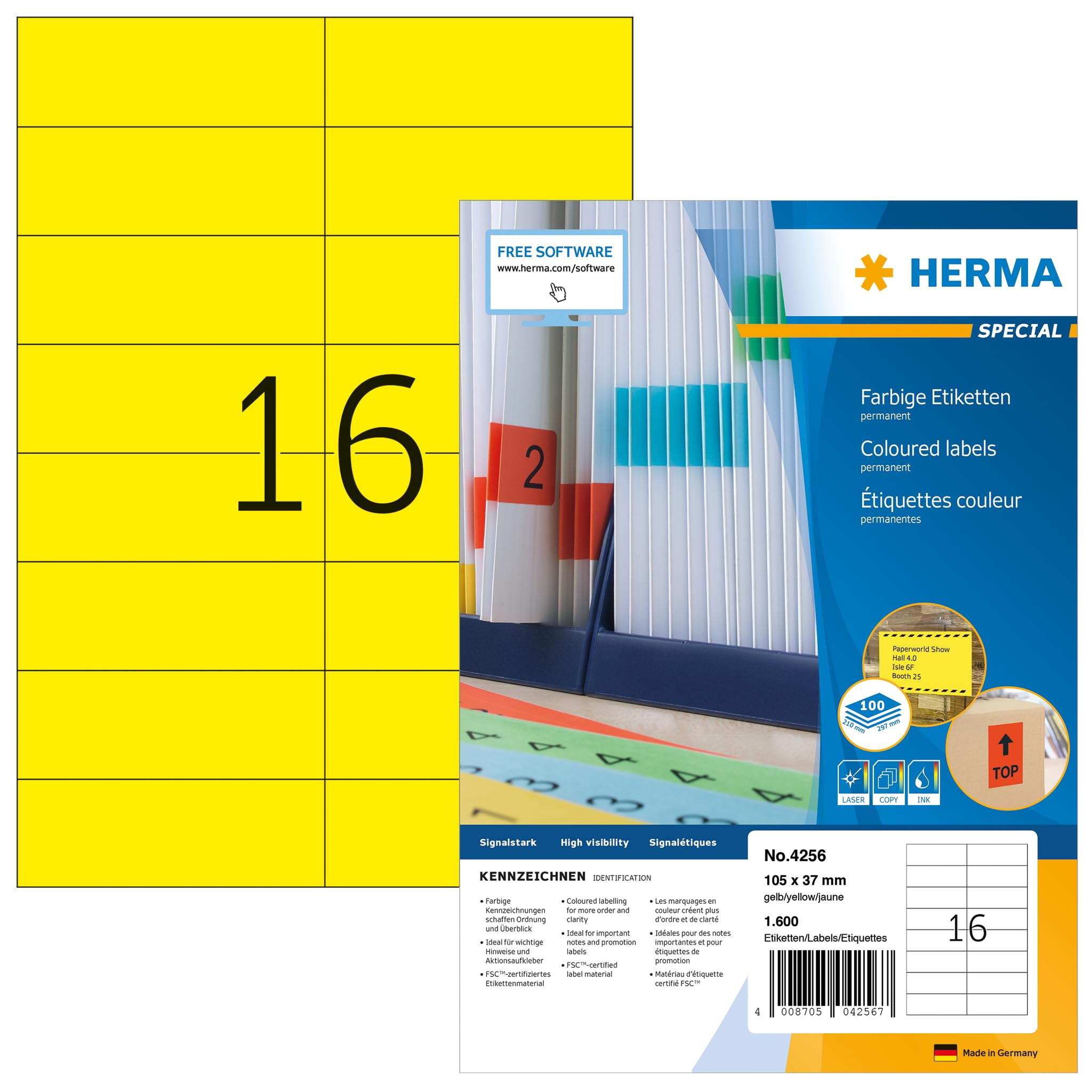 HERMA Self Adhesive Coloured Labels, 16 Labels per A4 Sheet, 100 Sheets, 105 x 37 mm, 1600 Labels, Blank Colour Labels Stickers, Sticky Labels for Laser & Inkjet Printer, Yellow