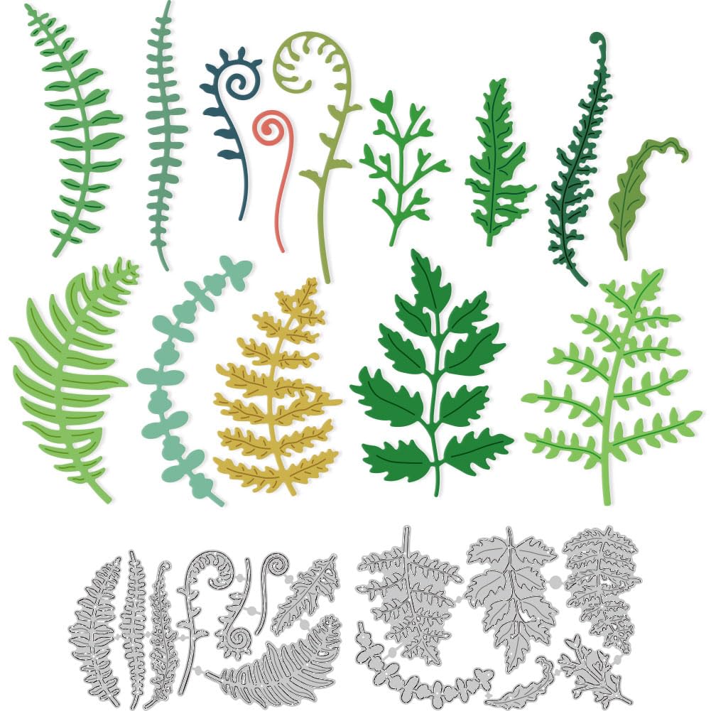 DELORIGIN 14 Styles Fern Leaves Cutting Dies Card Borders Stitch Die Cut Carbon Steel Die Cuts Stencils Card Scrapbooking Embossing Template Dies for DIY Paper Craft Card Albums Gift Decor