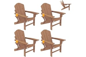 Mdeam Folding Adirondack Chairs set of 4 Texturing Technology Adirondack Chair Adjustable Backrest with Cup Holder, Fire Pit Chairs,HDPE All Weather for Patio Lawn Outdoor, Brown