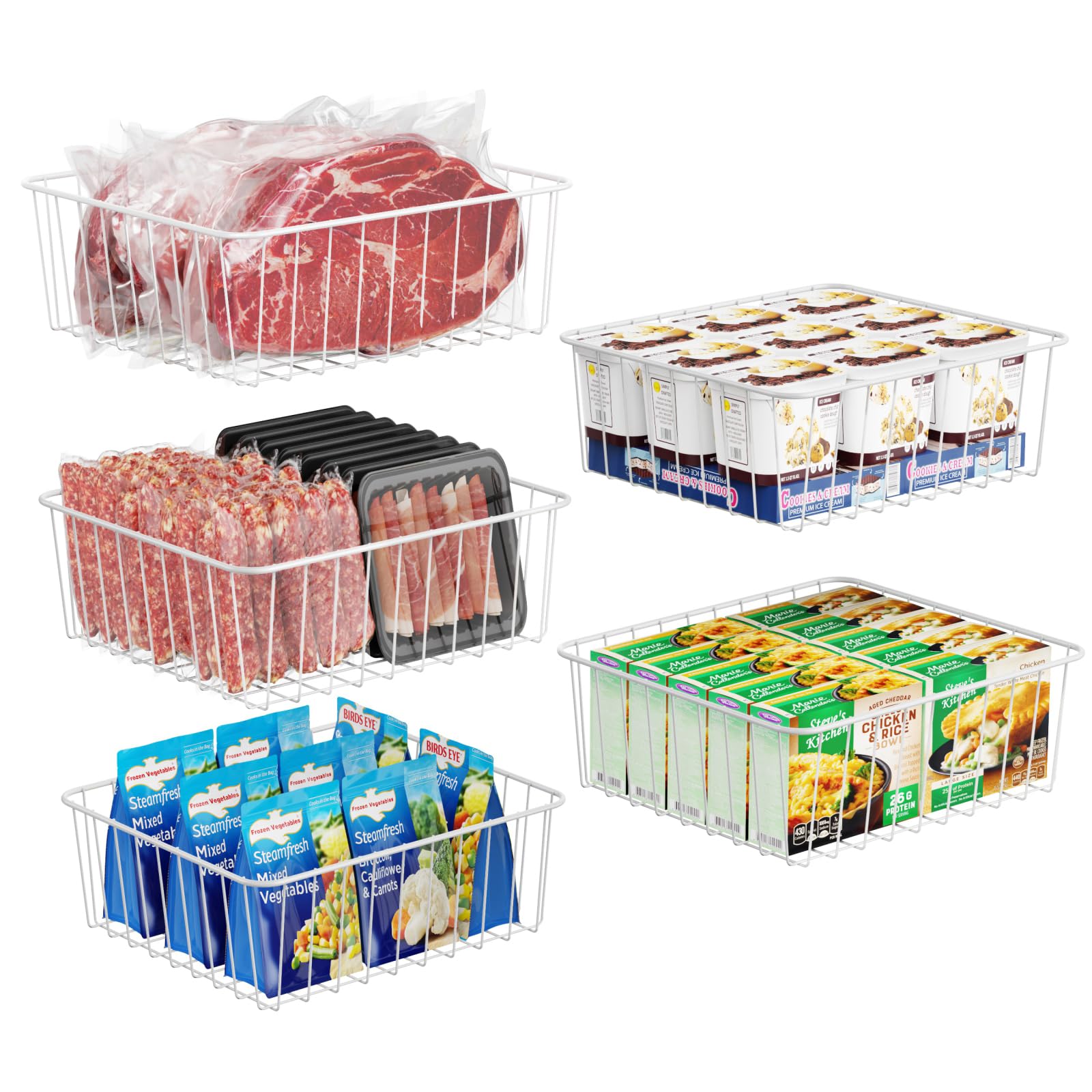 Photo 1 of iSPECLE Upright Freezer Organizer Bins - 5 Pack Small Freezer Baskets for 5 / 6 / 6.5 / 6.8 / 7 cu.ft Upright Freezer Easy Get, Food No More Slide off, Allow Air Circulation for Quick Freezing, White