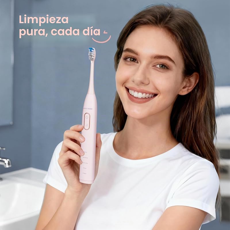 Cepillo de dientes eléctrico Sonic para adultos, cepillo dientes recargable rosa con estación carga USB, 5 modos de limpieza, 3 intensidades, temporizador inteligente 2 minutos, QR-7303