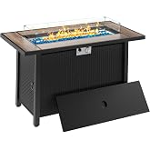 Meilocar 45in Fire Table, Propane Fire Pit with Glass Wind Guard and Rain Cover, Outdoor Firepit Table 50000 BTU 3-in-1 Fire Table for Patio/Yard/Balcony, Walnut Tabletop