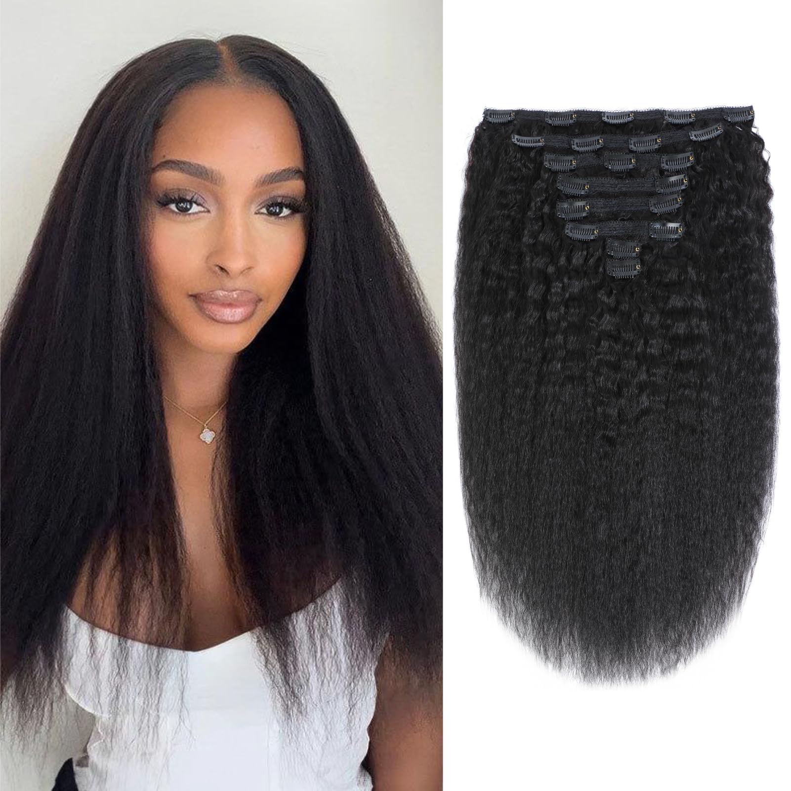 Yacurcur Kinky Straight Clip in Hair Extensions Kinky Straight Clip ins 8pcs 120g/set Full Head for Women Brazilian 10A Human Hair Straight Clip ins Natural Black Color (22 Inch)