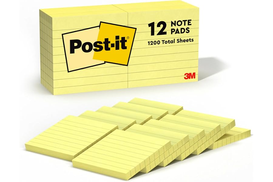 Post-it Notes, 3 x 3 in, The Iconic Canary Yellow Note, 12 Lined Pads | School Supplies and Office Products