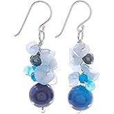 NOVICA Artisan Handmade Cultured Freshwater Pearl Aquamarine Cluster Earrings Unique .925 Sterling Silver Agate Glass Bead White Blue Thailand Scuba Birthstone 'Blue Love'