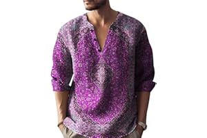AITEQY Vintage Henley Shirts for Men Floral Print Casual Roll Up Long Sleeve V Neck Button Up Summer Beach Hippie T Shirts