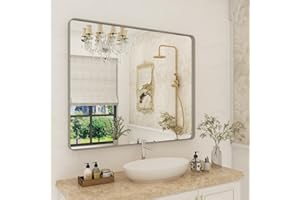 CHARMOR 40x36 Inch Brushed Nickel Bathroom Mirror for Wall, Rounded Rectangle Silver Framed Bathroom Vanity Mirror, Anti-Rust, Shatterproof, Hangs Horizontally or Vertically