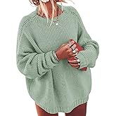 ForHailey Women's Plus Size Oversized Sweater Boat Neck Batwing Puff Long Sleeve Slouchy Pullover Chunky Knit Jumper Tops Green 3X-Large