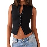 Springcmy Womens Button Down Tank Top Sleeveless Ribbed Fitted Vest Casual Trendy Y2K Going Out Crop Knit Vest Top Streetwear