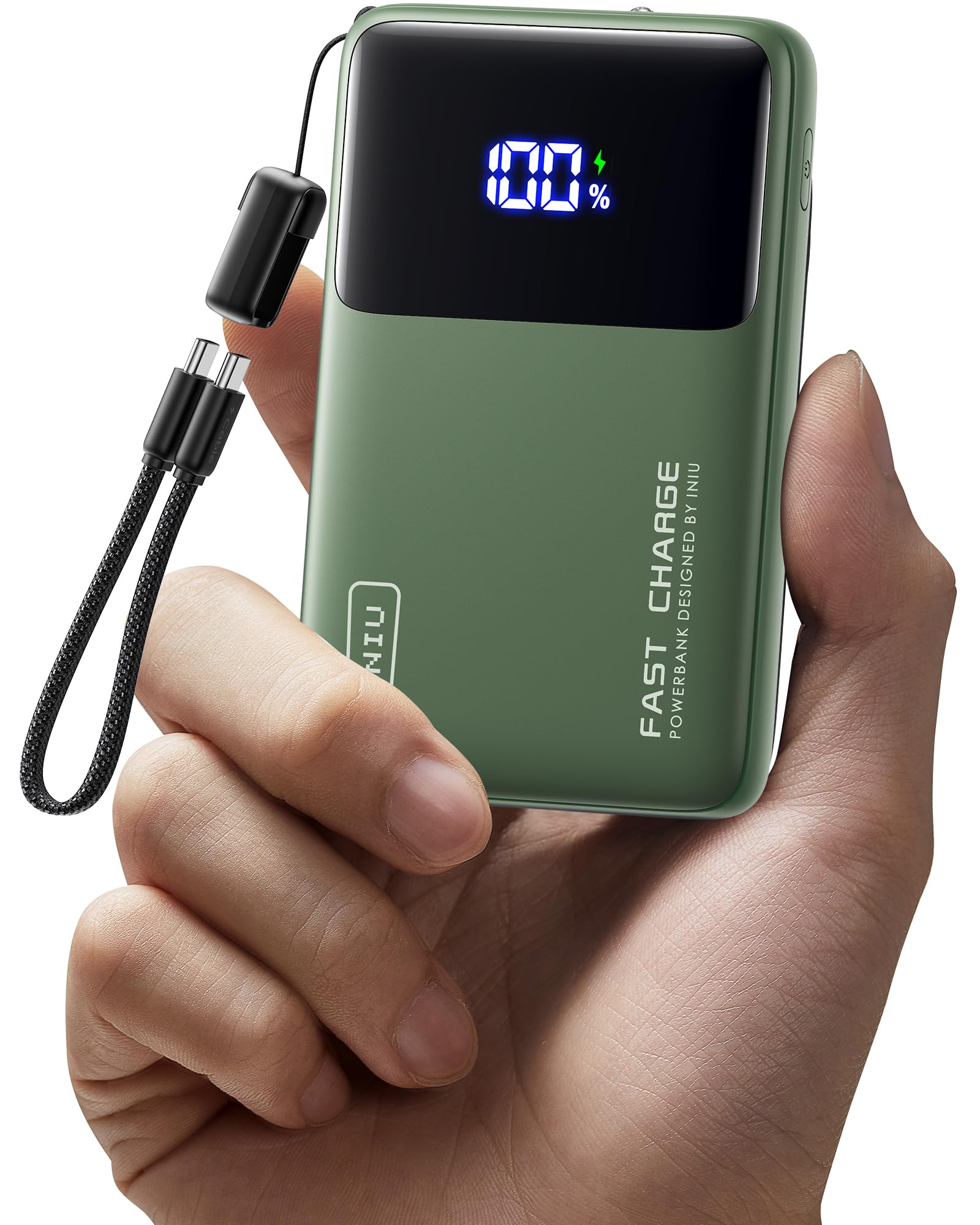 INIU Small Portable Charger, 45W PD Fast Charging 10000mAh Power Bank, Battery Pack with Attached USB C Cable, Travel Essentials Powerbank for iPhone 17 16 15 14 Pro Air, Xiaomi, Samsung S25, Green