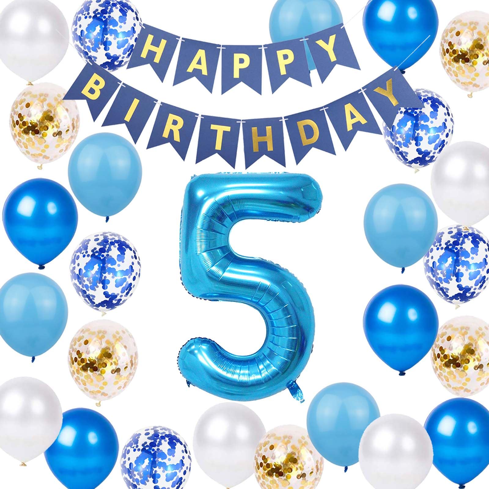Photo 1 of 5th Birthday Decorations for Boys Girls - Blue Gold Happy Birthday Banner, Number 5 Balloons, Latex Confetti Balloon for Him Son (5 Years Old)