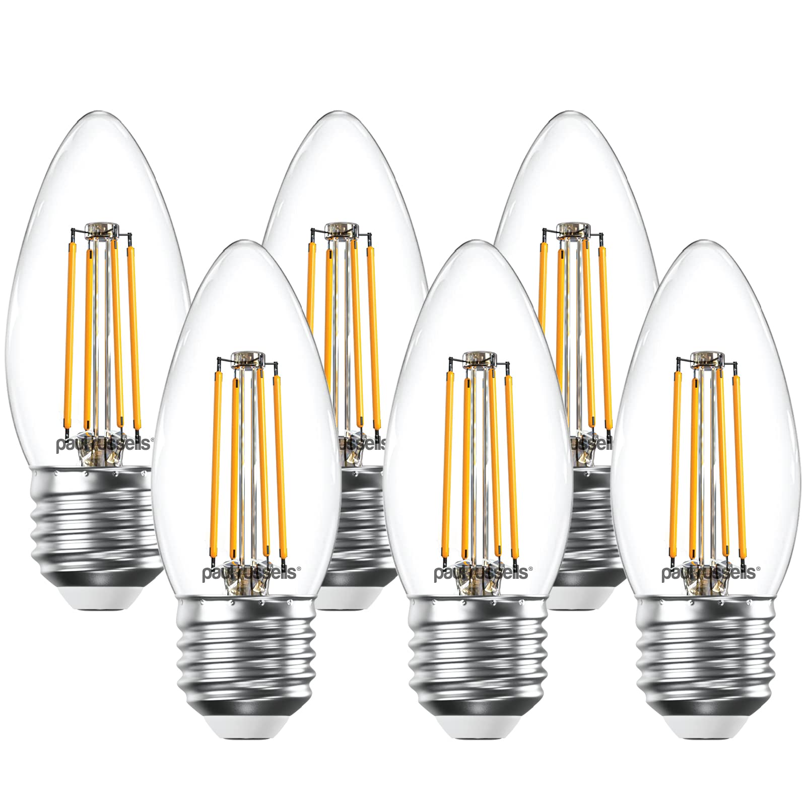 paul russells LED Candle Filament Light – 4.5W 40W Equivalent Replacement, 470LM Lumens, 2700K Warm White, ES E27 Edison Screw C35 Bulbs – Bright Energy Saving Non-Dimmable Lamps - Pack of 6