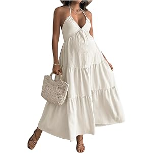 Milumia Women's Maternity Flowy Halter Maxi Dress Summer Sundress | Tie Back, Sleeveless, Backlesss, Beach Vacation, V Neck,