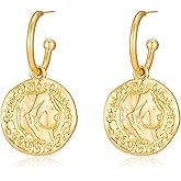 FAMARINE Gold Coin Earrings for Women Dainty Dangle Earring Trendy Gold Hypoallergenic Jewelry