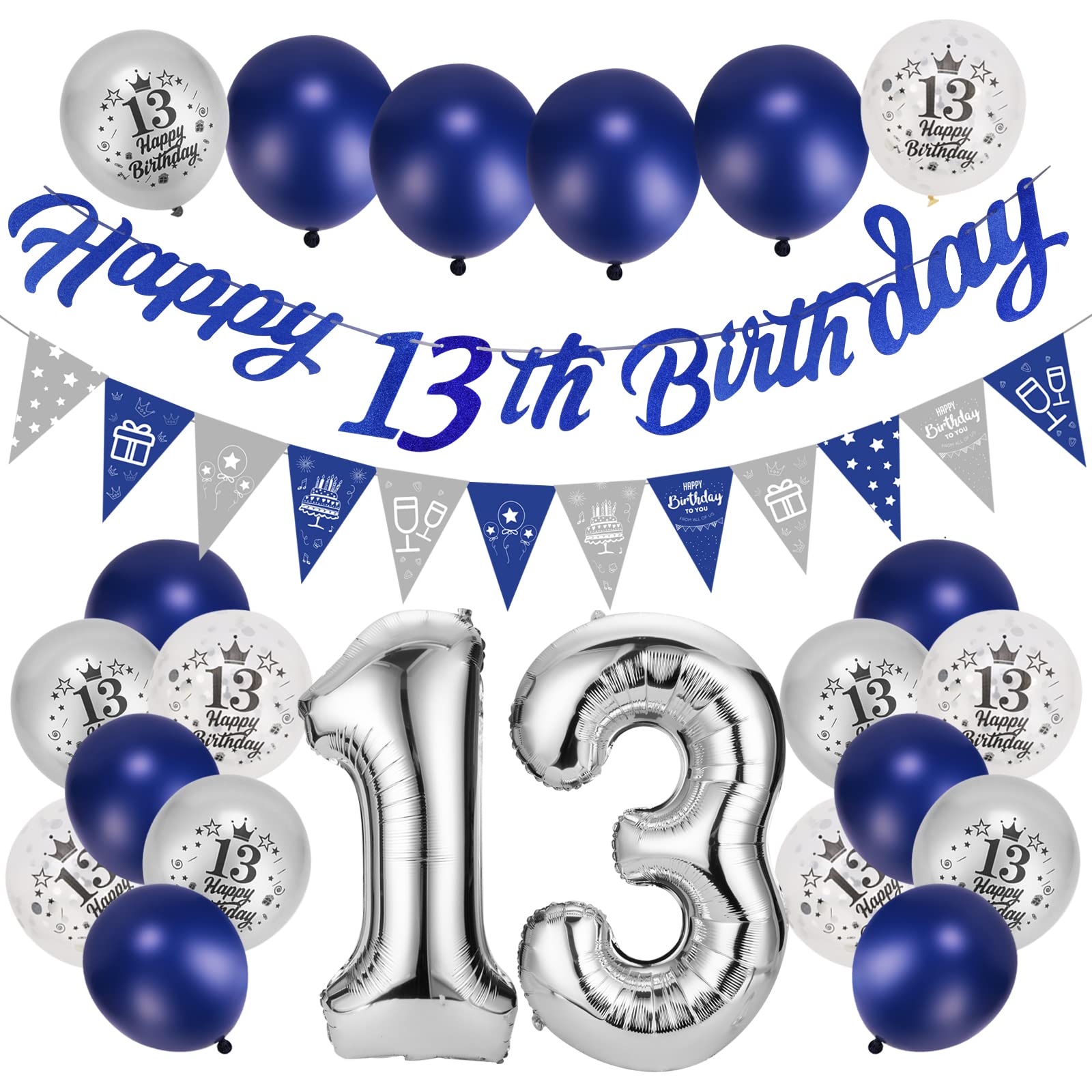 Afirbeone 13th Birthday Decorations for Boys Girls Navy Blue and Silver, Happy Banner, Triangle Flag, Confetti Latex and Aluminum Foil Balloons for Party