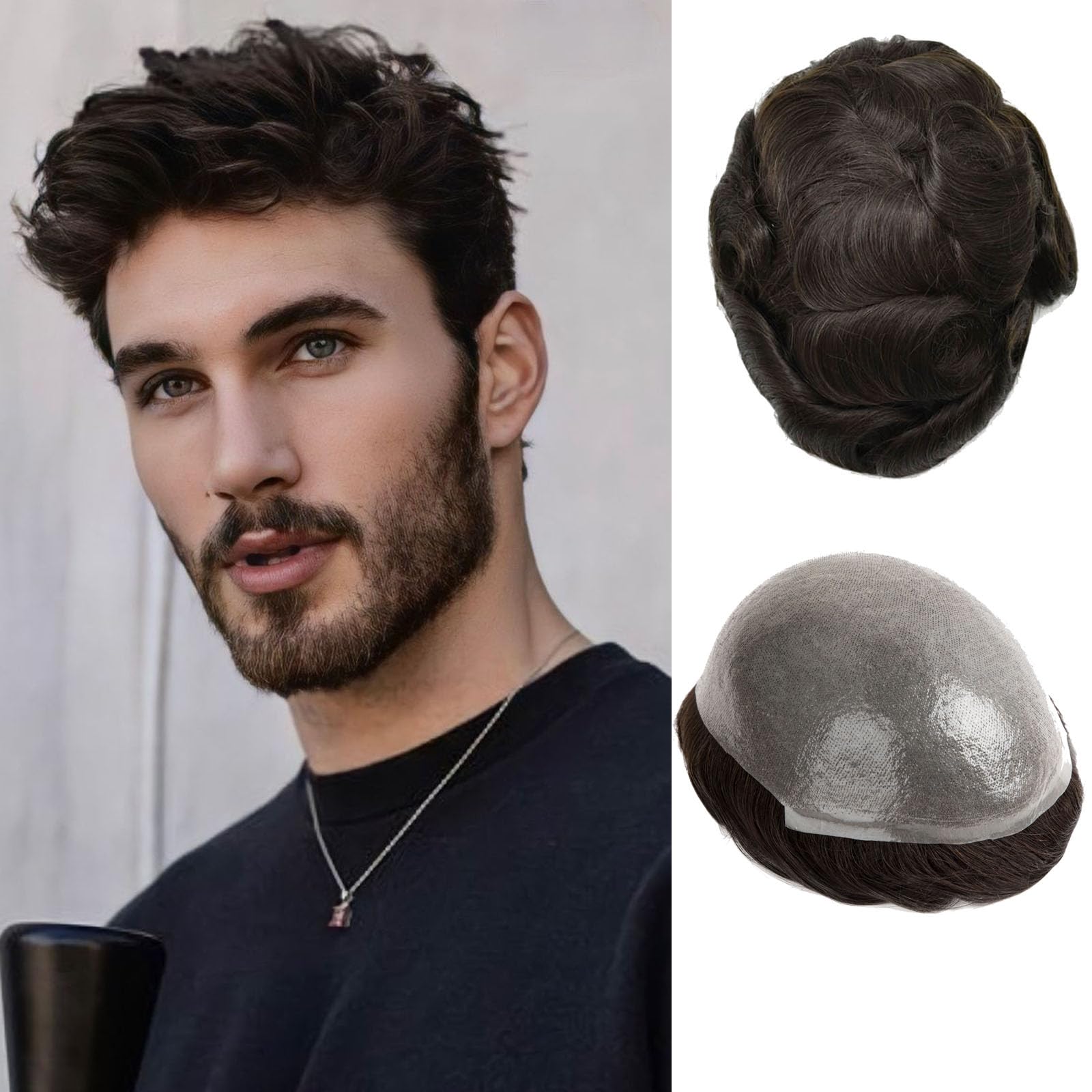 Ehairc Men's 100% Human Hair Toupee - 0.04mm Thin Skin Double Knots, 8x10 Inch 120% Density, Durable Real Hair System for Men (#2 Brown)