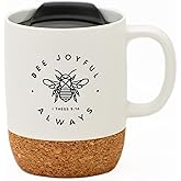 Dexsa Ceramic Designer Coffee Mug | Bee joyful always I Thess 5:16 | Holds 14 ounces | Cork Bottom with Lid | Great for Coffee, Tea, Soups, Hot Chocolate