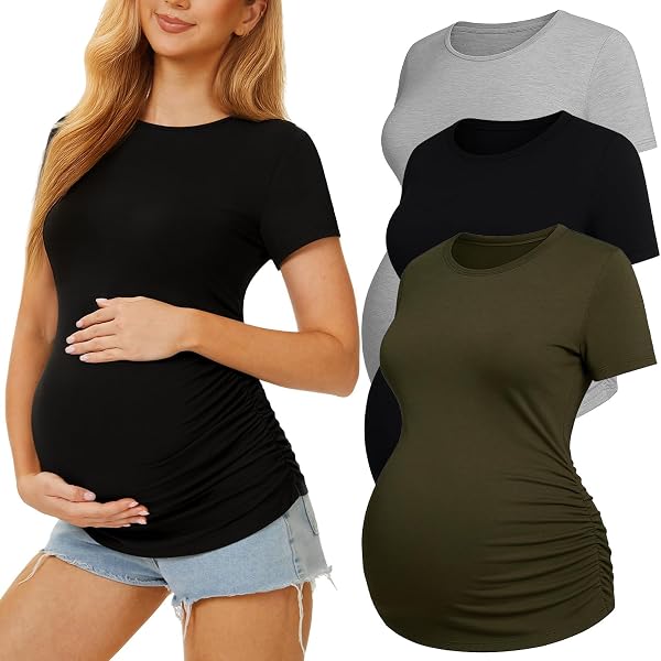 SUNNYBUY 3-Pack Maternity Tops - Side Ruched V-Neck Shirts For Pregnancy, Black Red Green, XX-Large