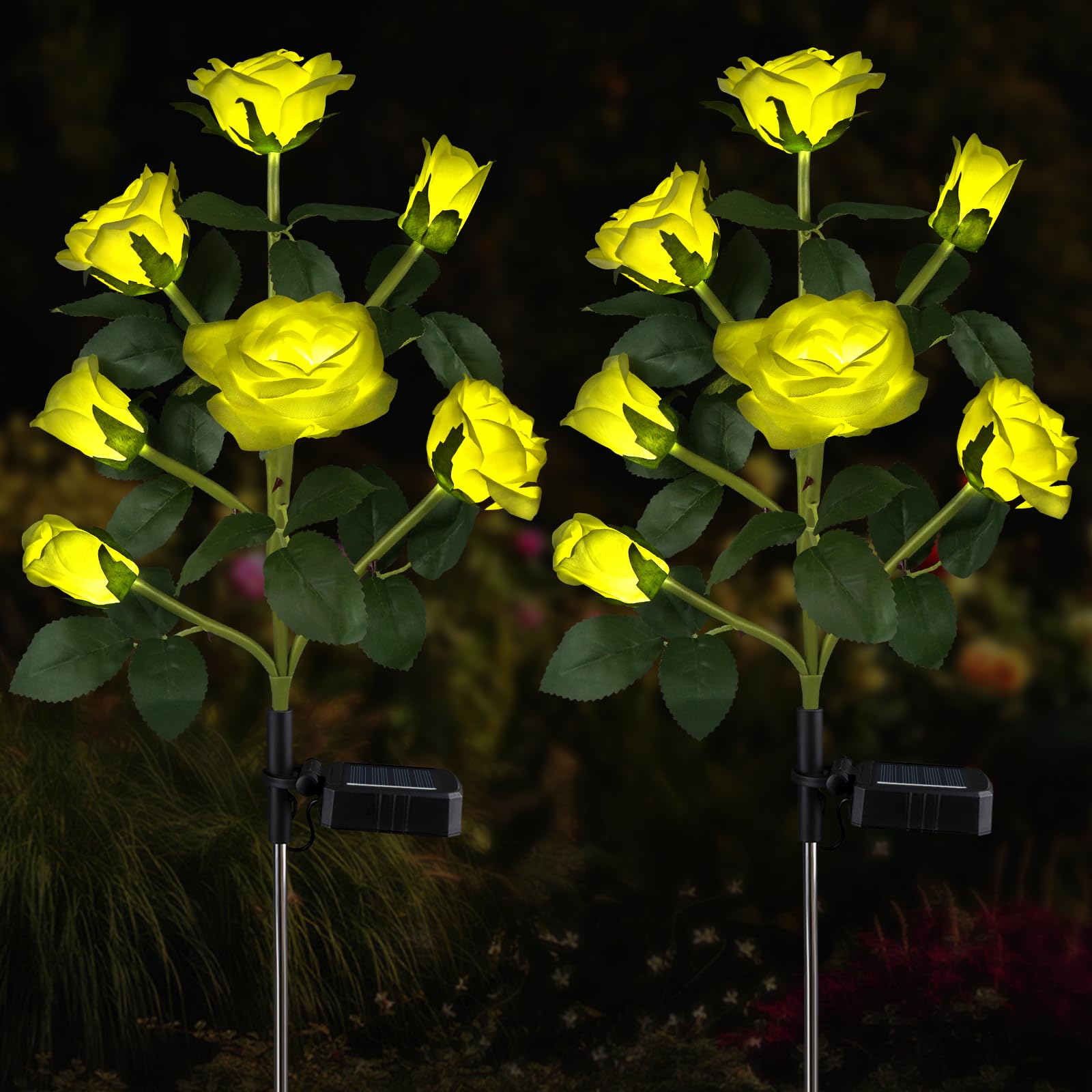 Aolyty 2 Pcs LED Solar Garden Lights, Decorative Waterproof Roses Stake Light, 7 Flowers Outdoor Artificial Ornaments for Grave Patio (Yellow)