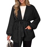 Saodimallsu Womens V Neck Belted Cardigan Sweaters Open Front Knit Coat | Long Sleeve, Pockets, Relaxed Fit, Trendy Casual Style, Fall Winter Outfits, Soft Fabric, Office Look