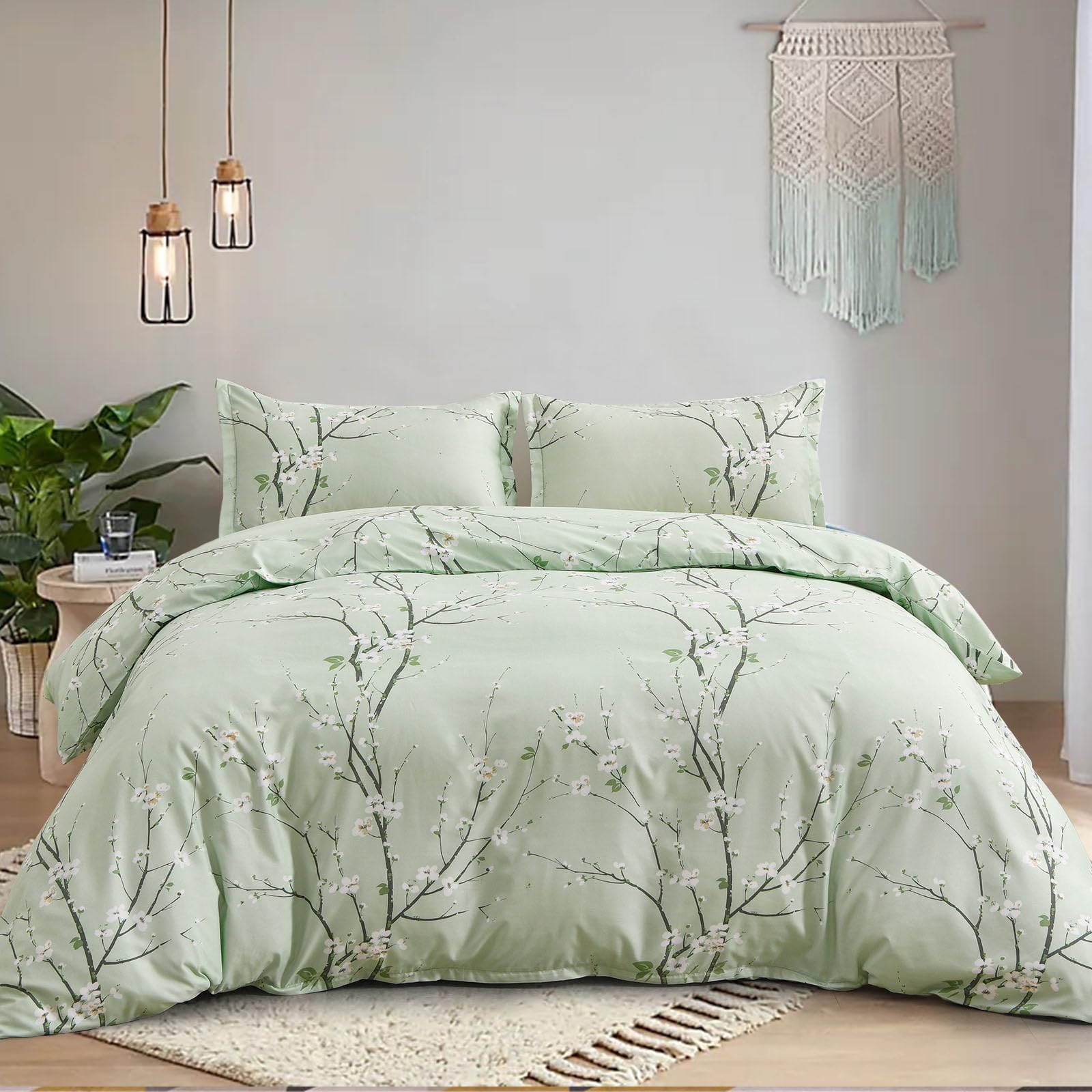 Green Bedding Set Floral Plum Duvet Cover Set Soft Microfiber Botanical Branch Duvet Cover,2 Pillowcases and Zipper Closure,Double Size 200x200 cm