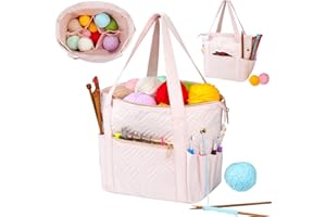 Veirdro Crochet Bag Organizer for Yarn Storage, Velvet Knitting Tote Bag with Double Handle for Crochet Accessories, Portable Travel Case for Yarn Balls, Crochet Hooks& Knitting Needles Holder (Pink)