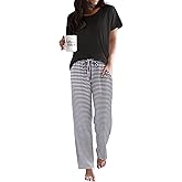 Ekouaer Pajama Sets for Women Round Neck Pjs Short Sleeve Sleepwear with Long Pants Loose Lounge Sets