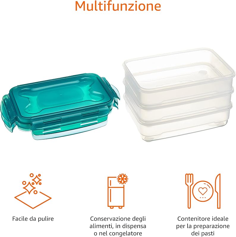 Set di 3 contenitori ermetici per alimenti da 1.2 litri, con coperchio, in plastica senza BPA, adatti per frigorifero, congelatore, microonde e lavastoviglie, trasparenti