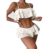 SweatyRocks Women's 2 Piece Ruffle Trim Bikini Set Spaghetti Strap Swimsuit Tiered Bathing Suit