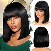 ZHENGON Bob Human Hair Wig with Bangs Silky Straight Glueless Wigs Human Hair 150% Density Black Bob Wig with Bangs None Lace Machine Made Wigs for Black Women 14Inch