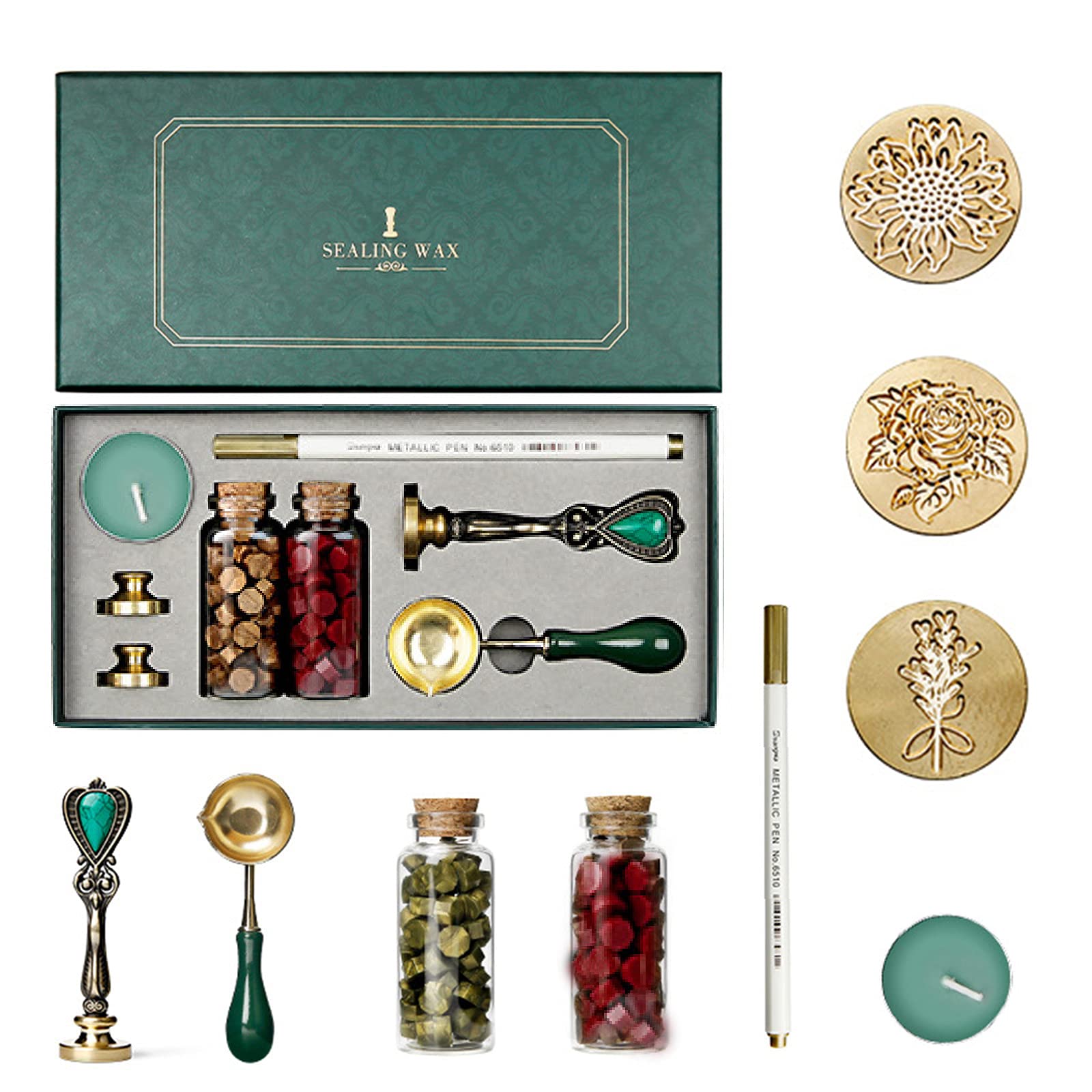 Joyeee Wax Seal Stamp Set, Wax Seal Kit with Melting Spoon, Replaceable Stamp Heads, Tea Candle, Wax Seal Pen for Envelopes, Decorating Wax Seal Stamp Suit for Wedding Invitation Envelope #57