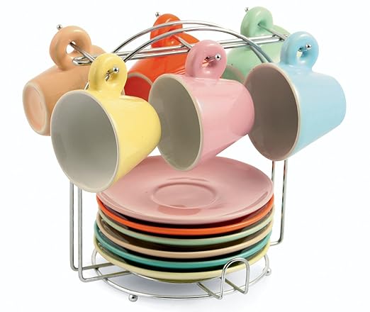 title=Villa d’Este Home Tivoli Colors Set Tazzine con Piattini e Stand Acciaio,