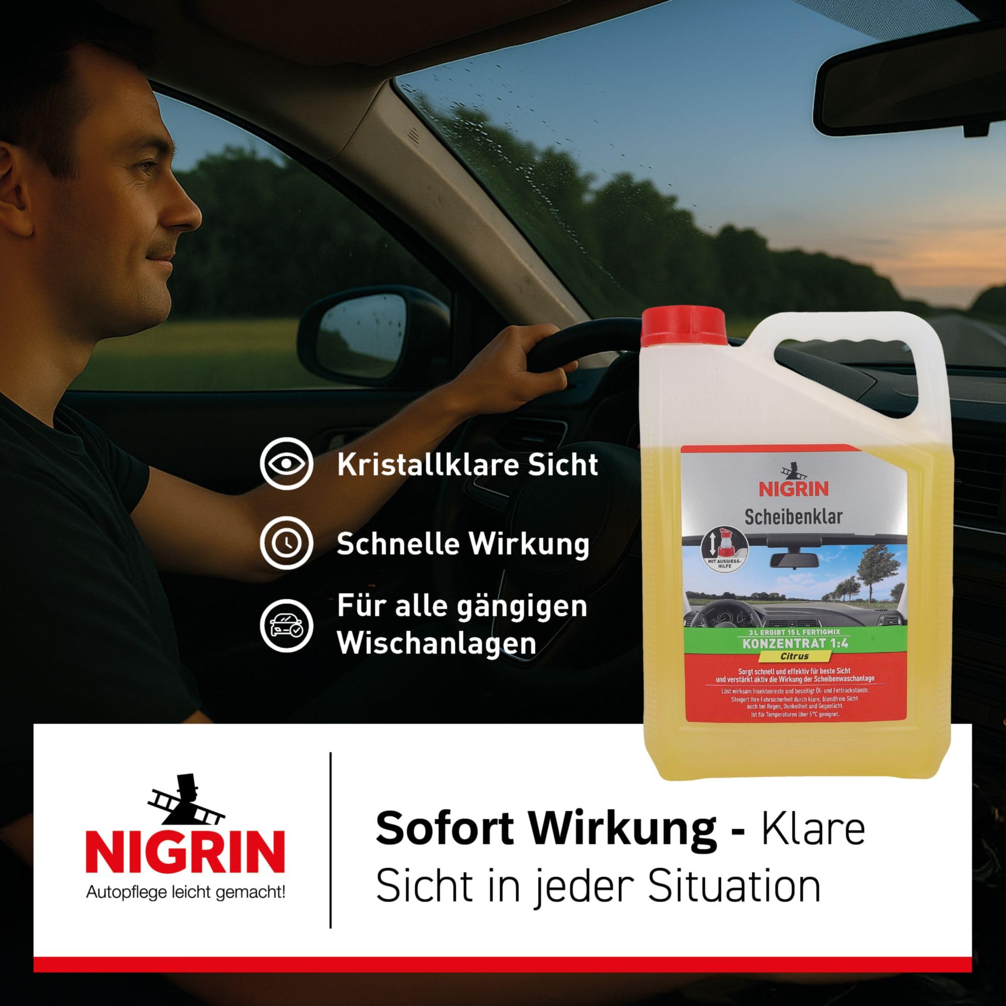 NIGRIN Scheibenklar Konzentrat 1:4 Citrus | 3 Liter | Reinigungszusatz für Autoscheiben und Scheinwerfer | integrierte Ausgießhilfe | entfernt Insekten, Fett | schlierenfrei | sehr ergiebig | ab 5°C 3