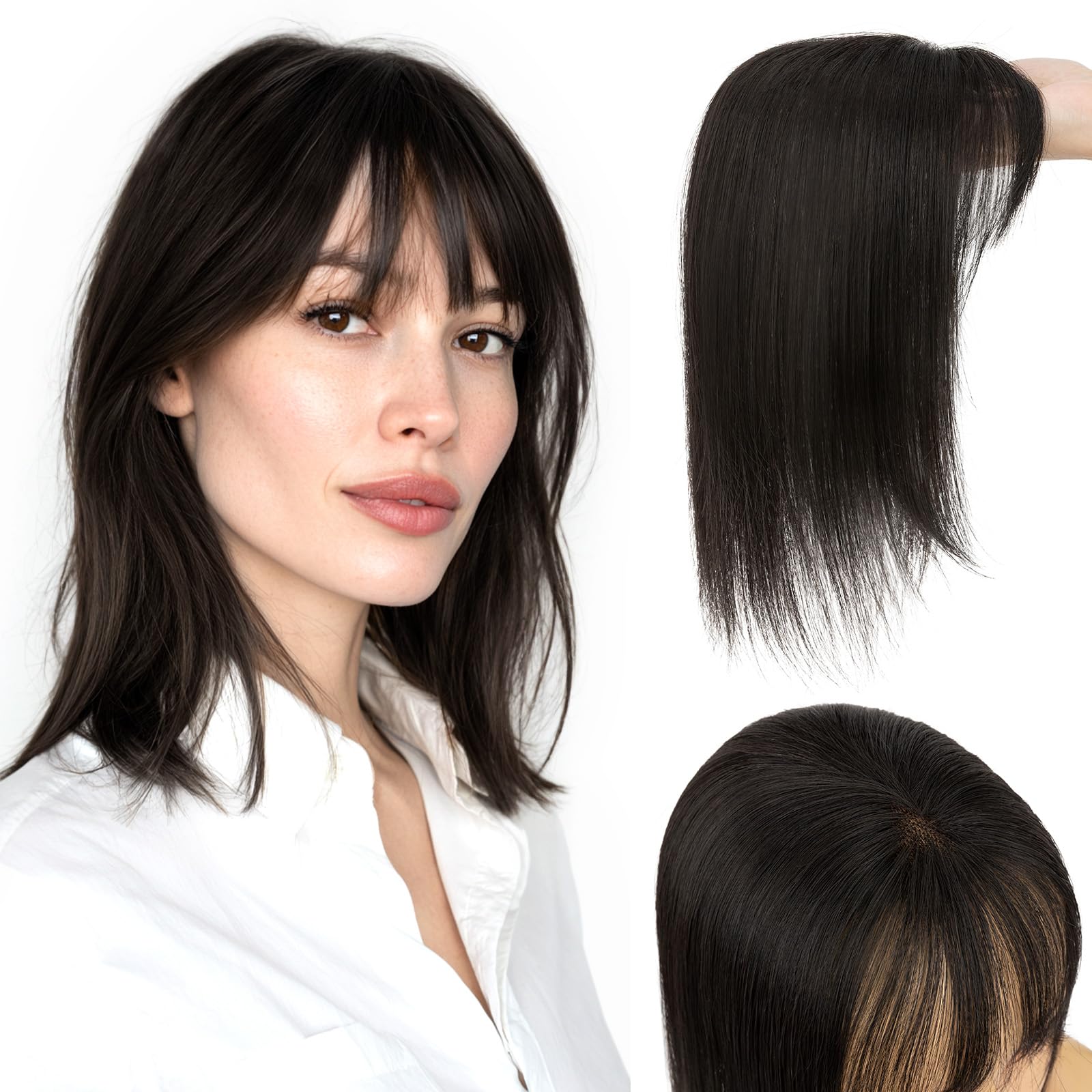 Photo 1 of TESS Hair Toppers for Women Real Human Hair Pieces for Women with Thinning Hair Clip in Handmade Lace Base 3 Clips, 3.2 × 4.5 Inch, 12 Inch, Natural Black