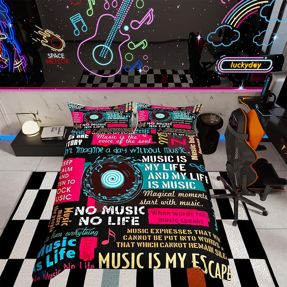 Music Duvet Cover King Music Notes Bedding for Kids Teens Adult Musical Theme Printed Comforter Quilt Cover, Girls Classical Record Decoration 3 Pcs Bed Set with 2 Pillowcases, Colorful