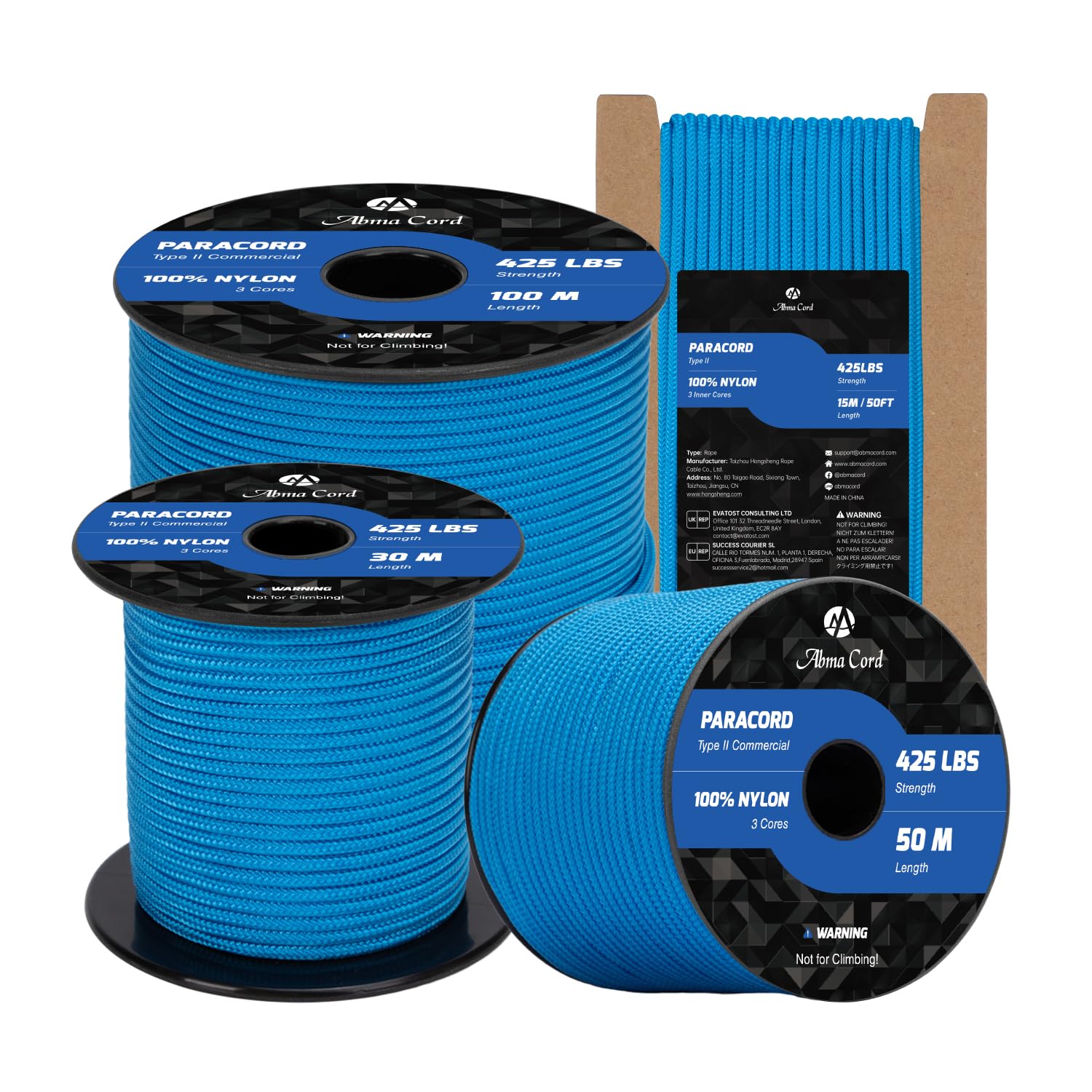 Abma Cord Paracord 3mm 100m 100% Nylon Rope Type II 3 Strands Parachute Cord - Max. 192kg (425lbs) - Blue
