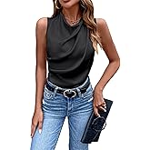 SOLY HUX Women's Sleeveless Satin Blouses Solid Draped Round Neck Summer Tops