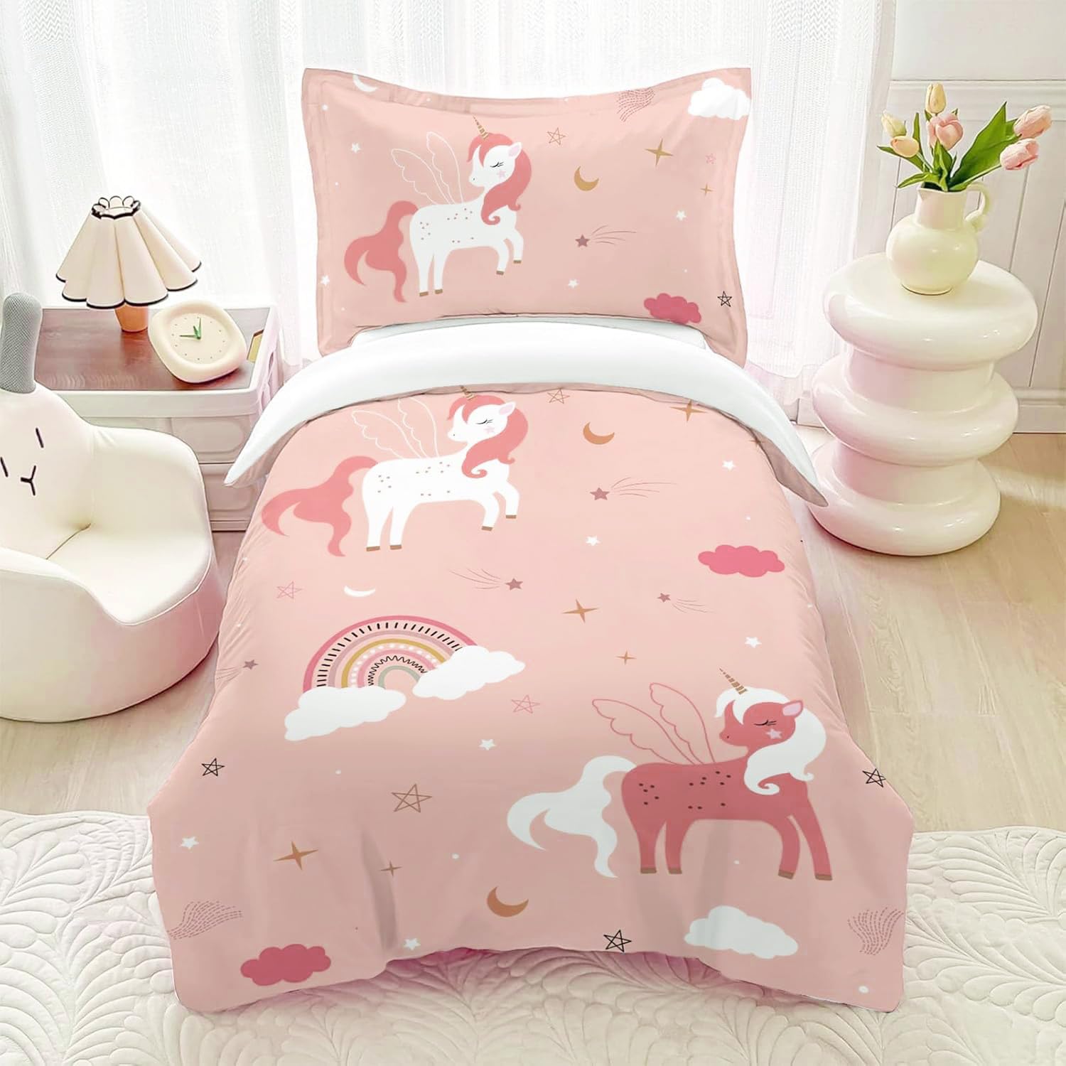 HOMHOMHA Unicorn Single Duvet Cover set for Girl - Kids Pink Bed Cover wite Zip - Bedding 135x200 cm+ 1 Pillowcase 50x75cm 3D Print Microfiber (2pc)